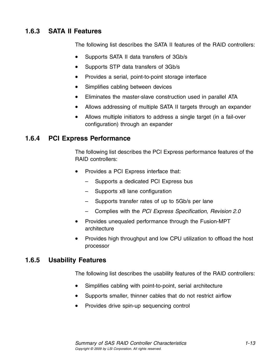 LSI 25083 manual Sata II Features, PCI Express Performance, Usability Features 