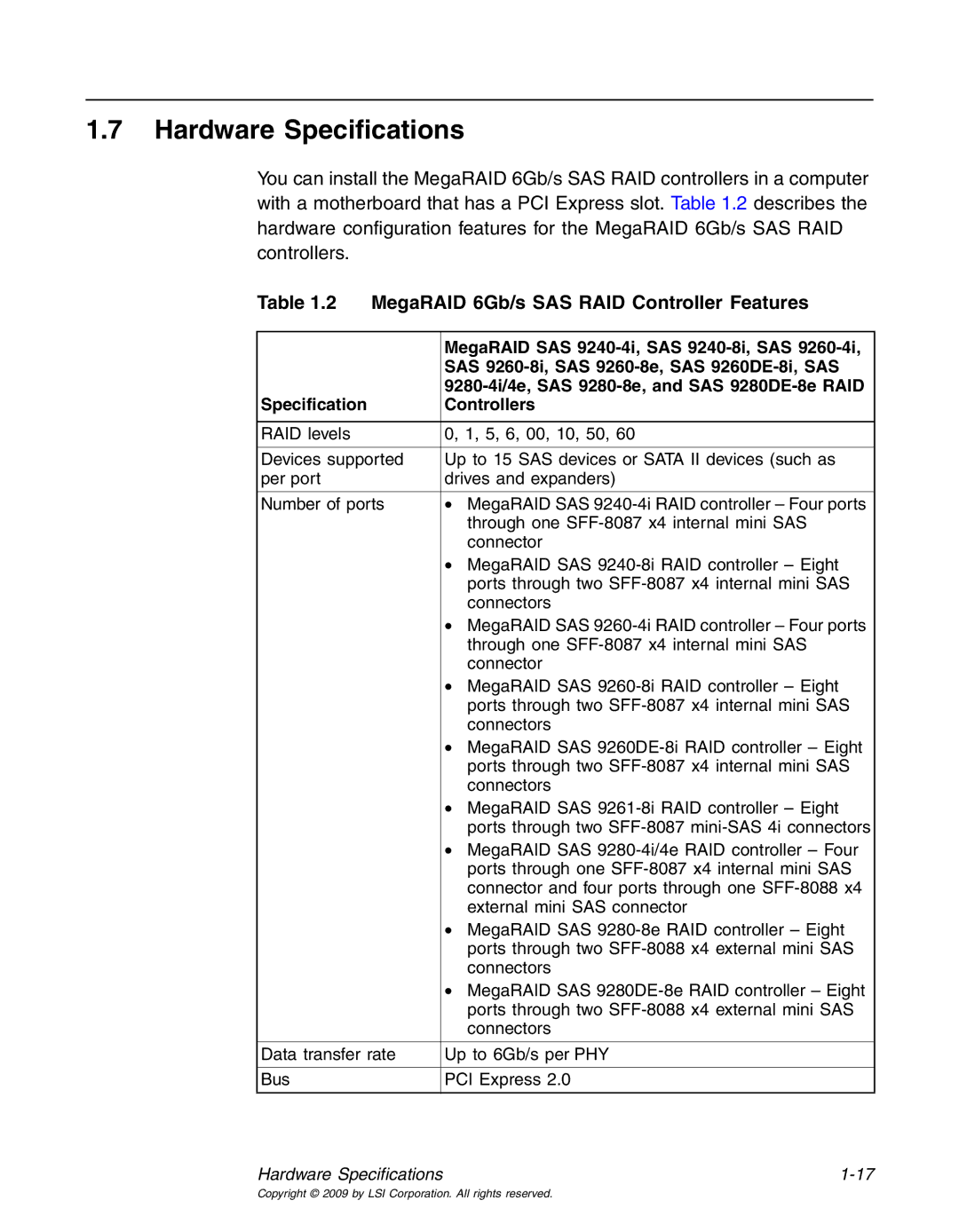 LSI 25083 manual Hardware Specifications, MegaRAID 6Gb/s SAS RAID Controller Features 