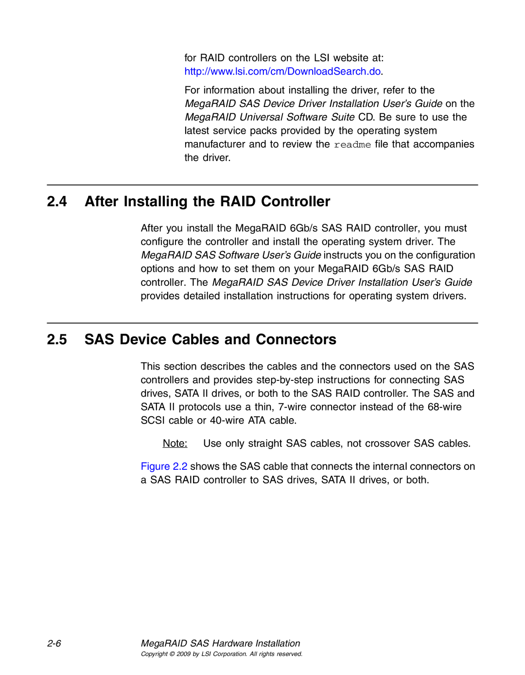 LSI 25083 manual After Installing the RAID Controller, SAS Device Cables and Connectors 