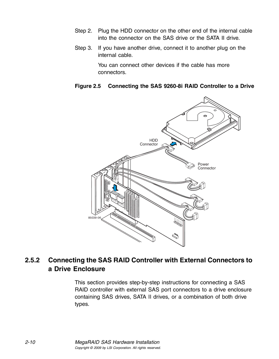 LSI 25083 manual Connecting the SAS 9260-8i RAID Controller to a Drive 