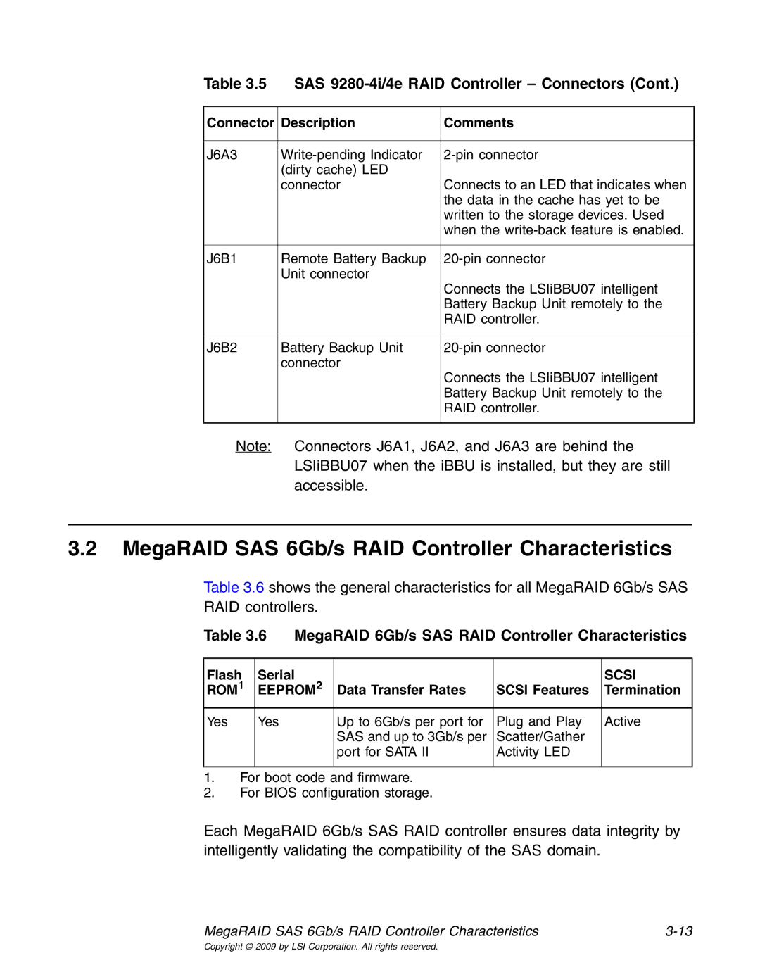 LSI 25083 manual MegaRAID SAS 6Gb/s RAID Controller Characteristics, MegaRAID 6Gb/s SAS RAID Controller Characteristics 