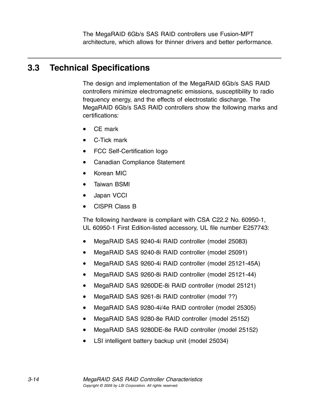 LSI 25083 manual Technical Specifications 