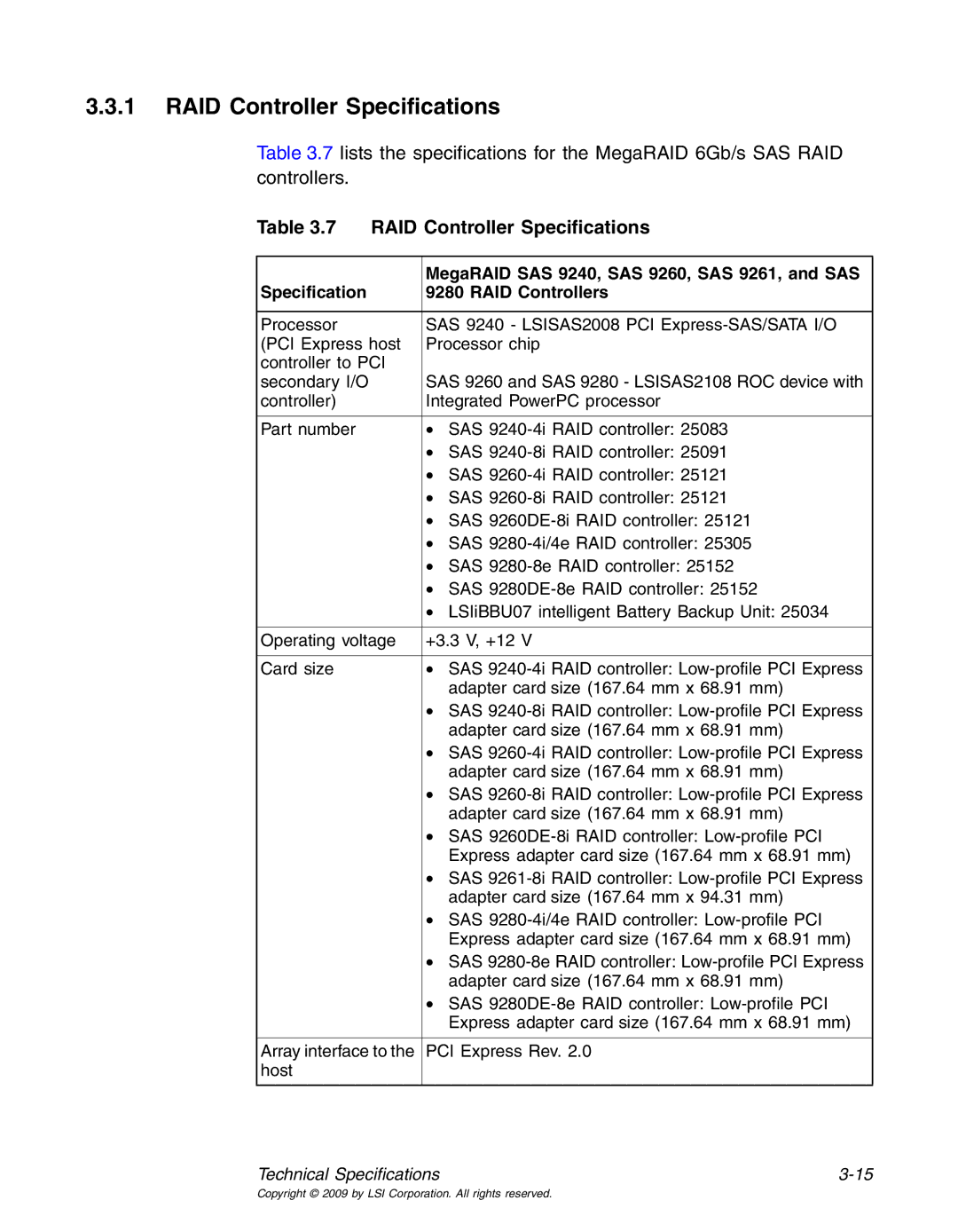 LSI 25083 RAID Controller Specifications, MegaRAID SAS 9240, SAS 9260, SAS 9261, and SAS, Specification RAID Controllers 