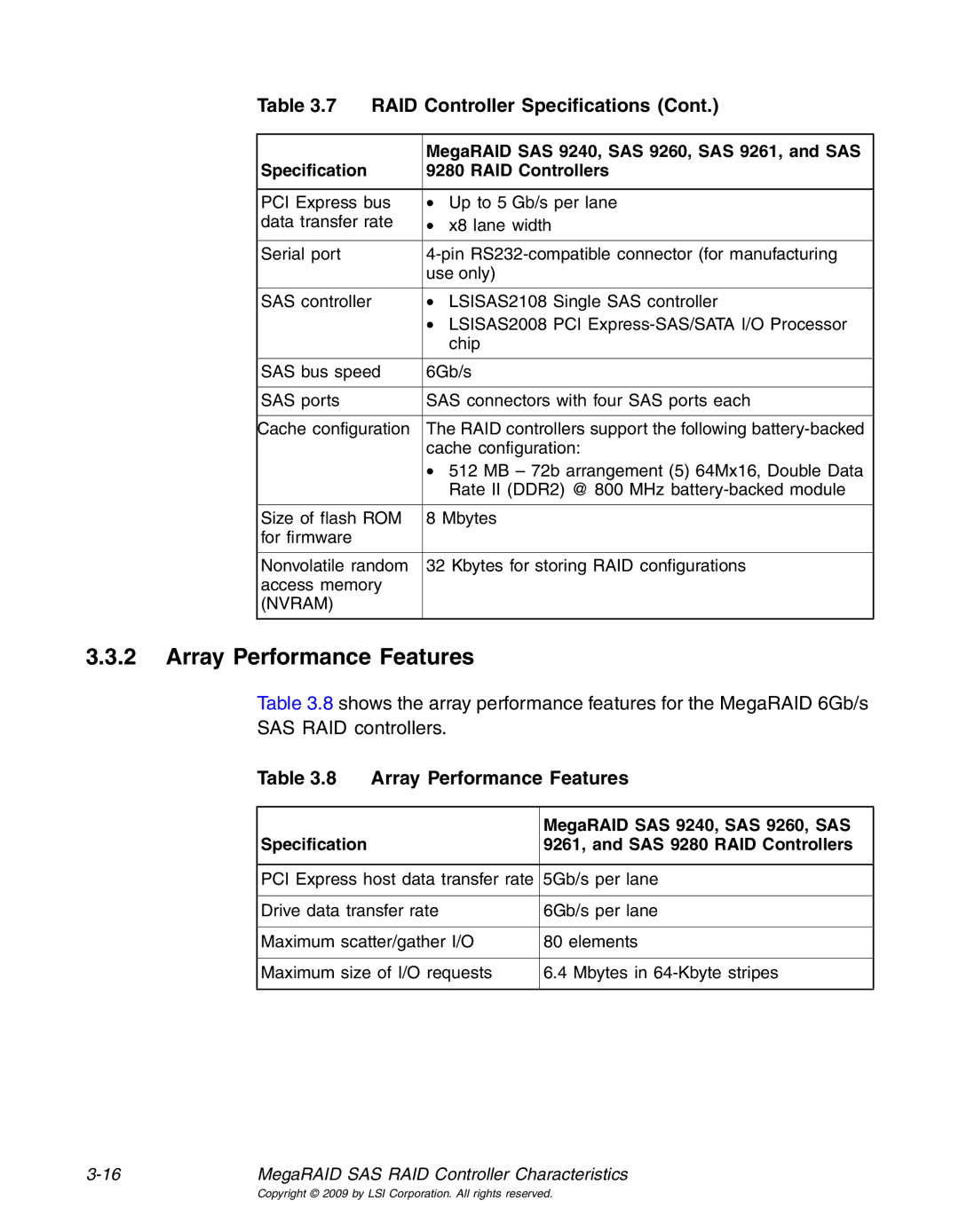 LSI 25083 Array Performance Features, MegaRAID SAS 9240, SAS 9260, SAS, Specification 9261, and SAS 9280 RAID Controllers 