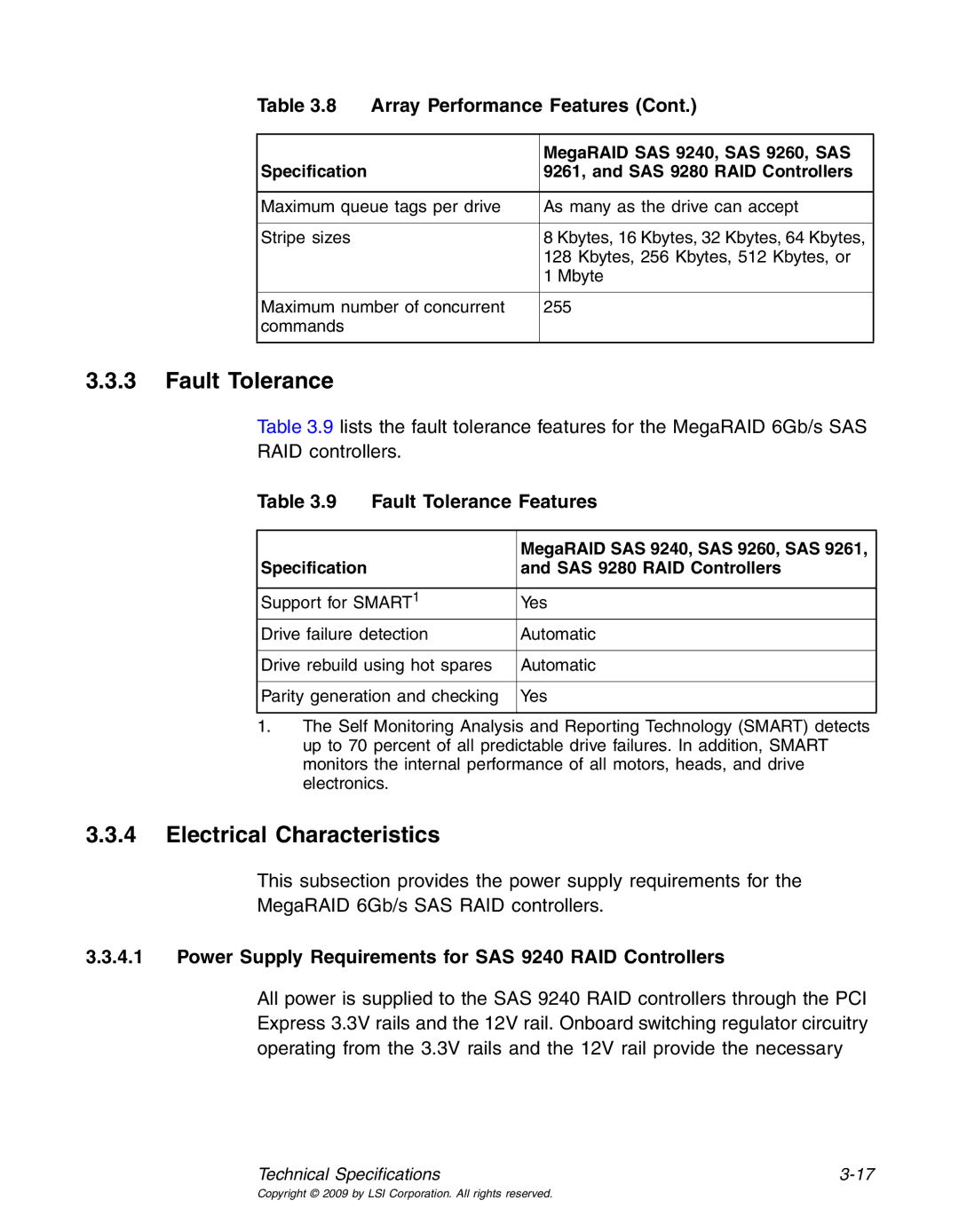 LSI 25083 manual Electrical Characteristics, Fault Tolerance Features, Specification SAS 9280 RAID Controllers 