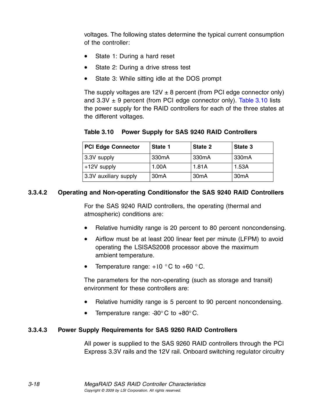 LSI 25083 manual Power Supply for SAS 9240 RAID Controllers, Power Supply Requirements for SAS 9260 RAID Controllers 