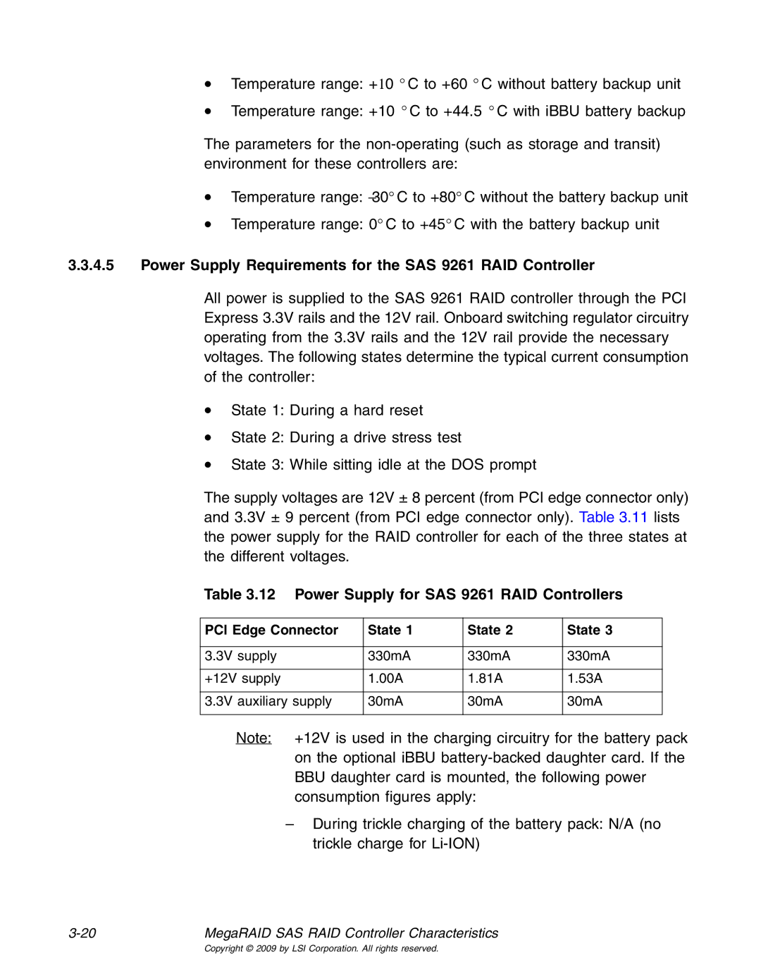 LSI 25083 manual Power Supply Requirements for the SAS 9261 RAID Controller, Power Supply for SAS 9261 RAID Controllers 