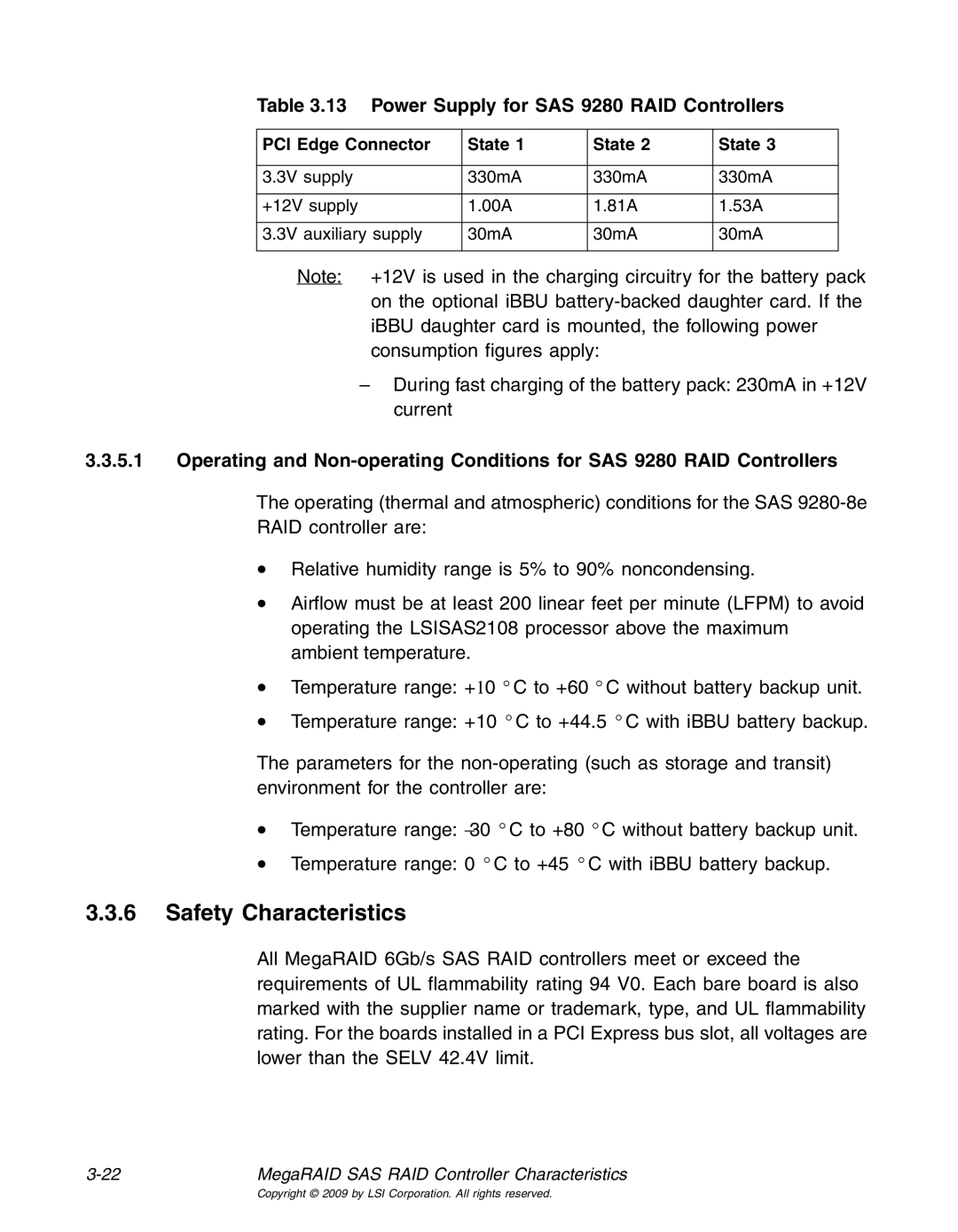 LSI 25083 manual Safety Characteristics, Power Supply for SAS 9280 RAID Controllers 