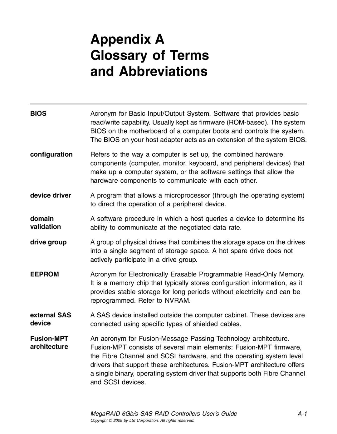 LSI 25083 manual Configuration, Device driver, Domain, Validation, Drive group, External SAS device Fusion-MPT architecture 