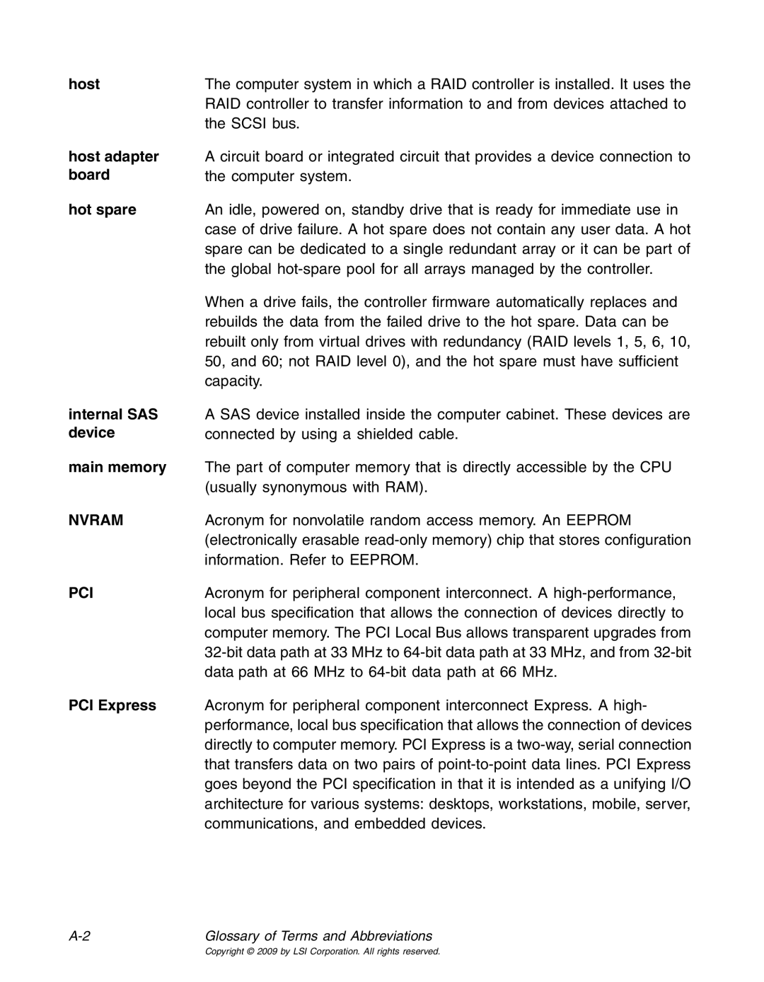 LSI 25083 manual Host adapter, Board, Hot spare, Internal SAS, Device, Main memory, PCI Express 