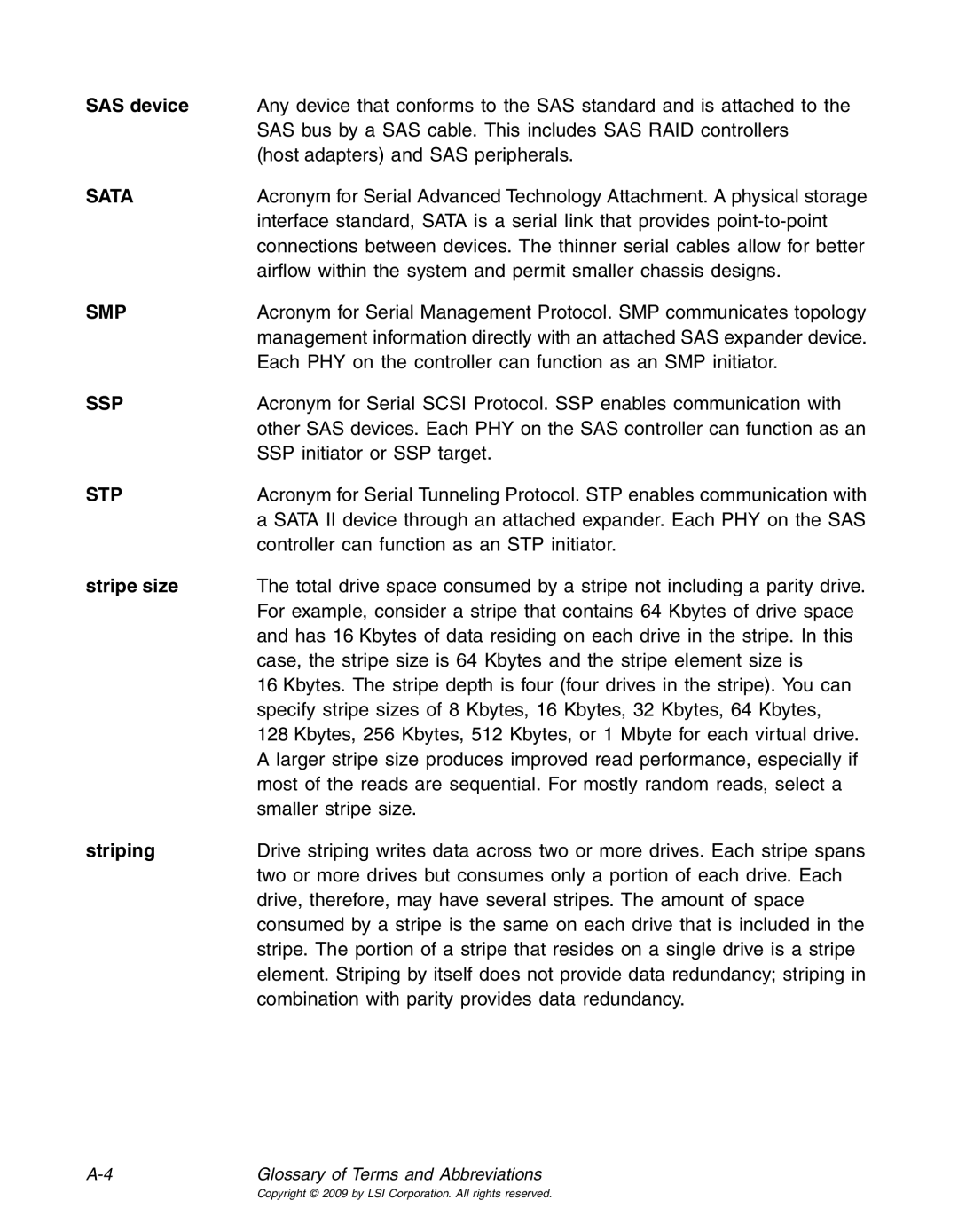 LSI 25083 manual SAS device, Stripe size, Striping 
