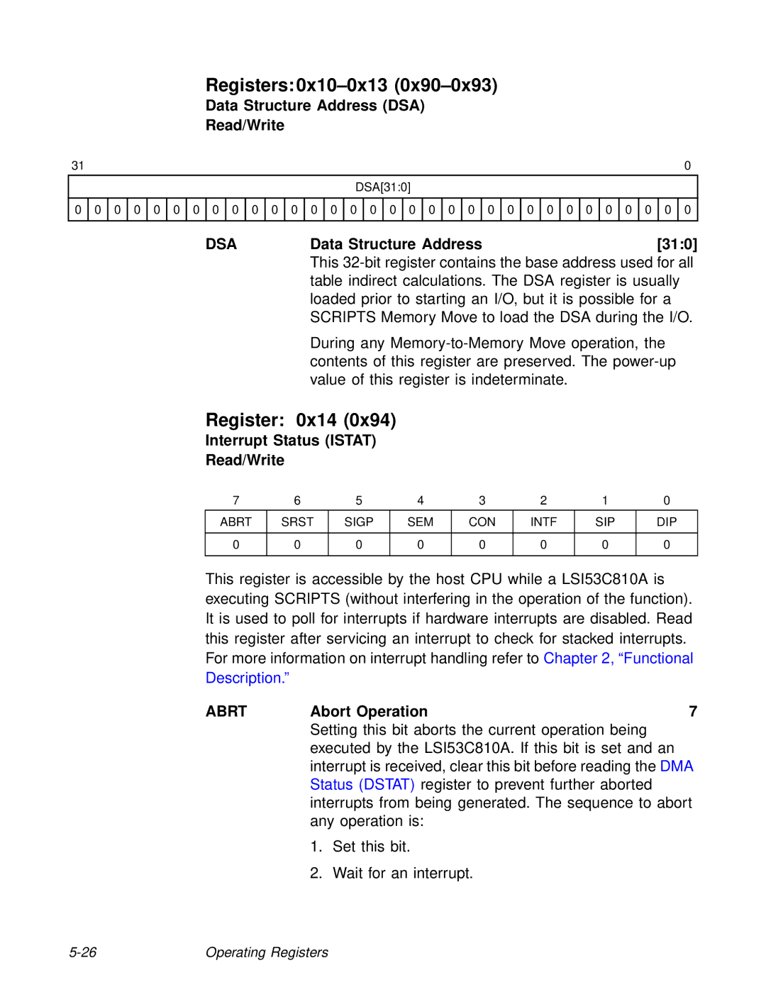 LSI 53C810A technical manual Registers 0x10-0x13, Dsa 