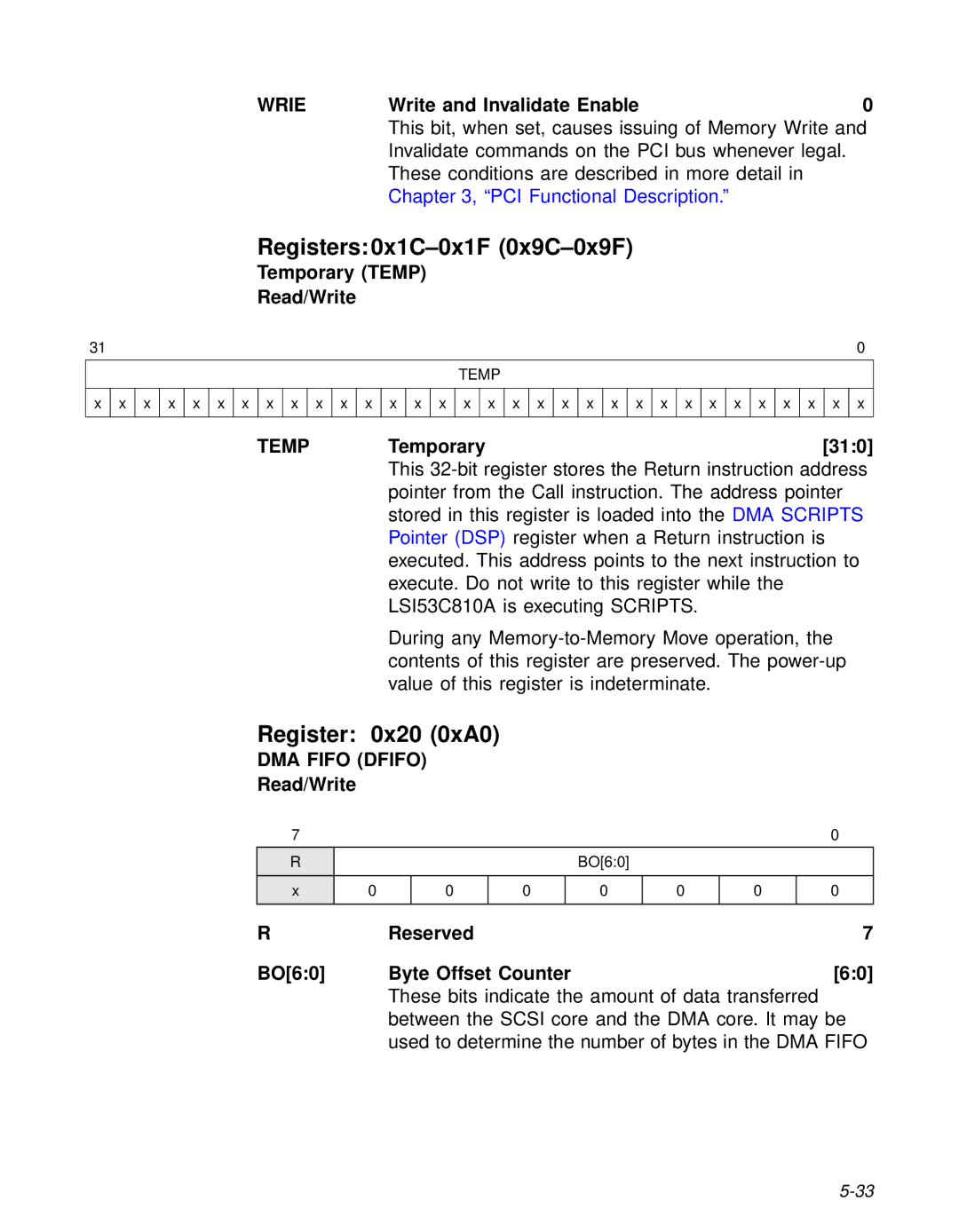 LSI 53C810A technical manual Registers 0x1C-0x1F 0x9C-0x9F, Register 0x20 0xA0, Temp, DMA Fifo Dfifo 