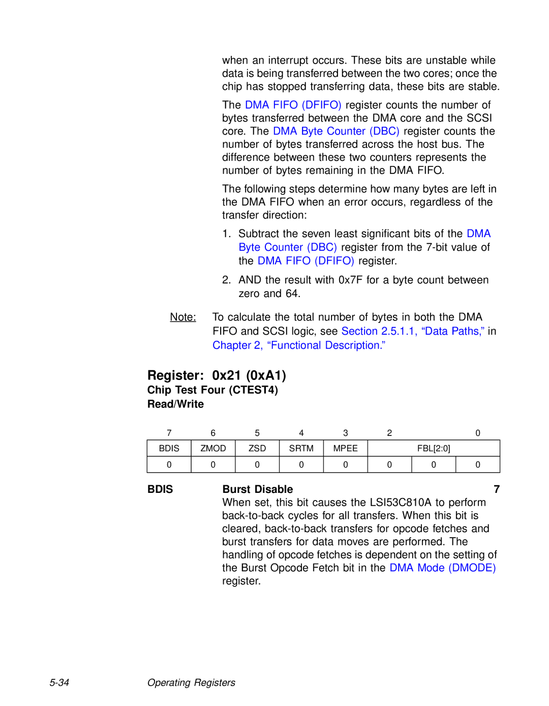 LSI 53C810A technical manual Register 0x21 0xA1, Chip Test Four CTEST4 Read/Write, Bdis, Burst Disable 