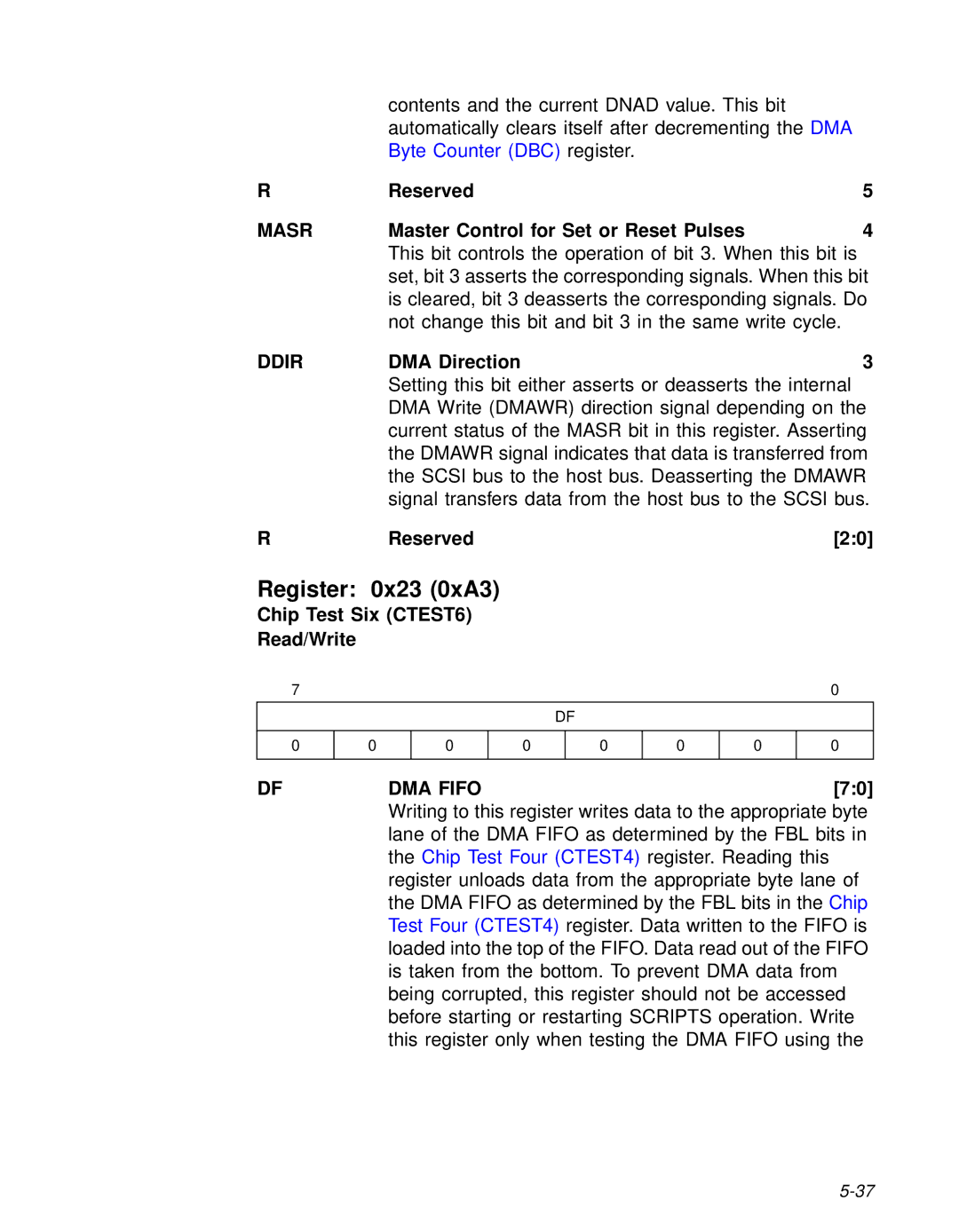 LSI 53C810A technical manual Register 0x23 0xA3, Masr, Chip Test Six CTEST6 Read/Write, Dfdma FIFO70 