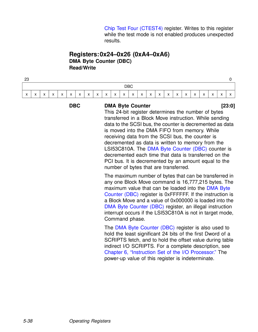 LSI 53C810A technical manual Registers 0x24-0x26 0xA4-0xA6, DMA Byte Counter DBC Read/Write, Dbc, DMA Byte Counter 230 