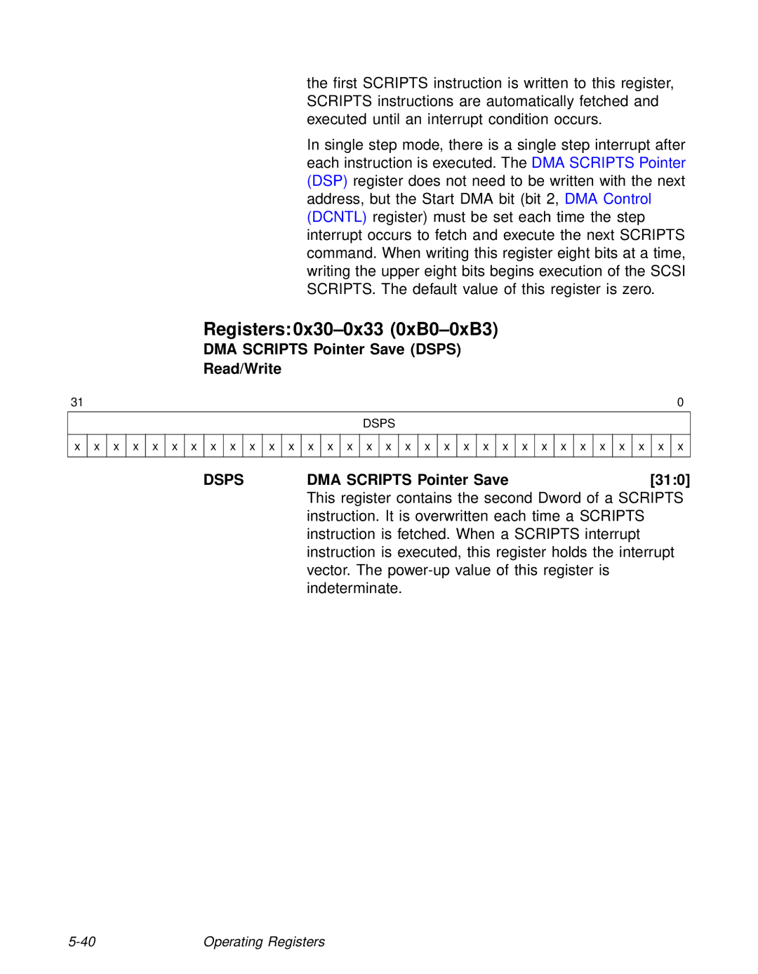 LSI 53C810A Registers 0x30-0x33 0xB0-0xB3, DMA Scripts Pointer Save Dsps Read/Write, DMA Scripts Pointer Save 310 