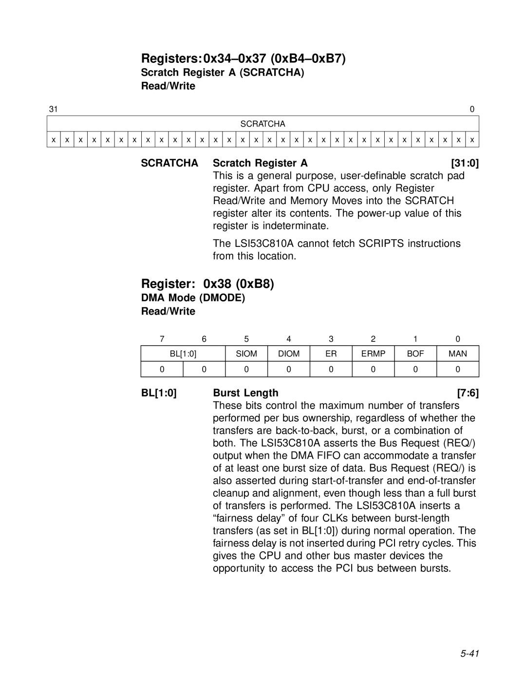 LSI 53C810A technical manual Registers 0x34-0x37 0xB4-0xB7, Register 0x38 0xB8, Scratcha 