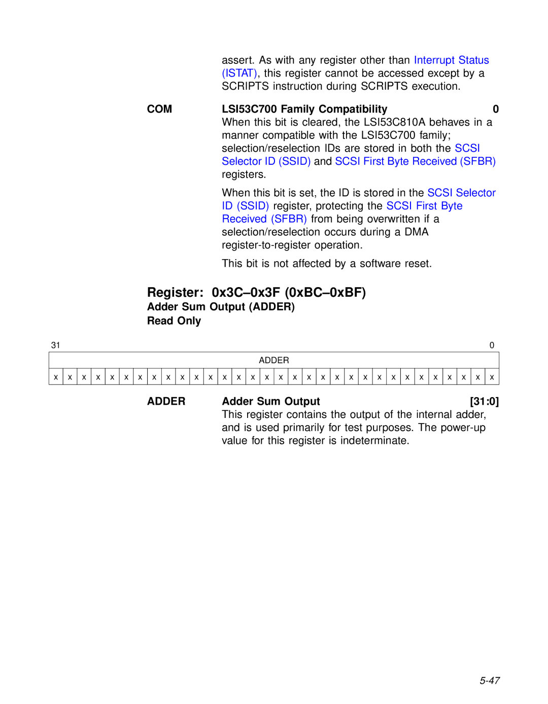 LSI 53C810A technical manual Register 0x3C-0x3F 0xBC-0xBF, Com, Adder Sum Output Adder Read Only, Adder Sum Output 310 