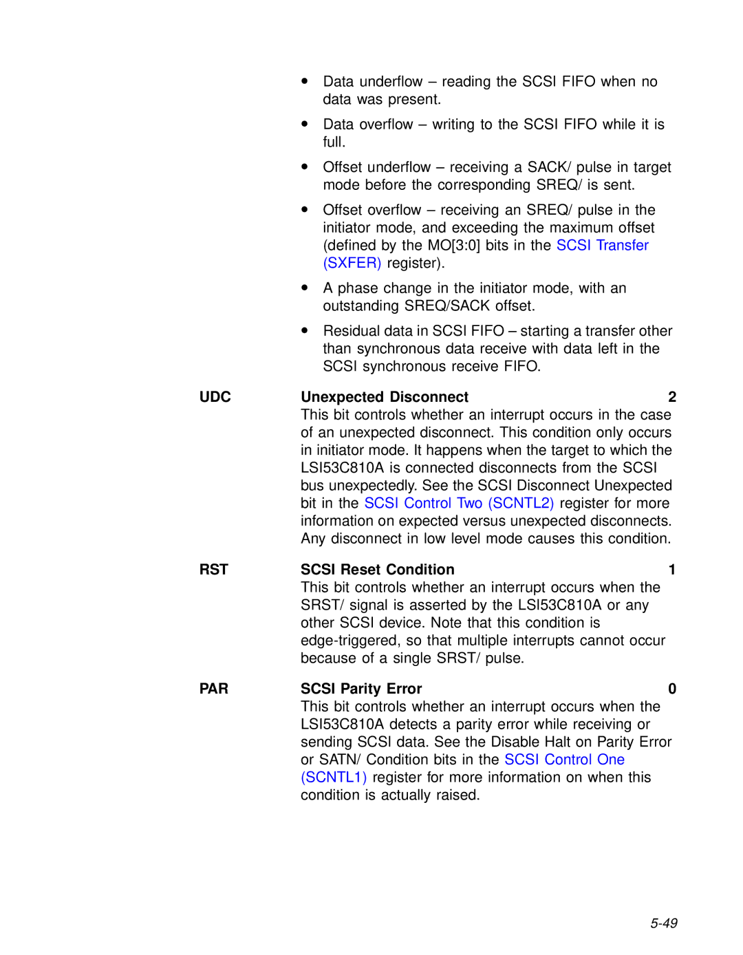 LSI 53C810A technical manual Udc, Unexpected Disconnect, Scsi Reset Condition, Par 