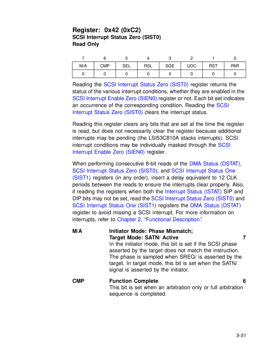 LSI 53C810A technical manual Register 0x42 0xC2, Scsi Interrupt Status Zero SIST0 Read Only, CMPFunction Complete6 