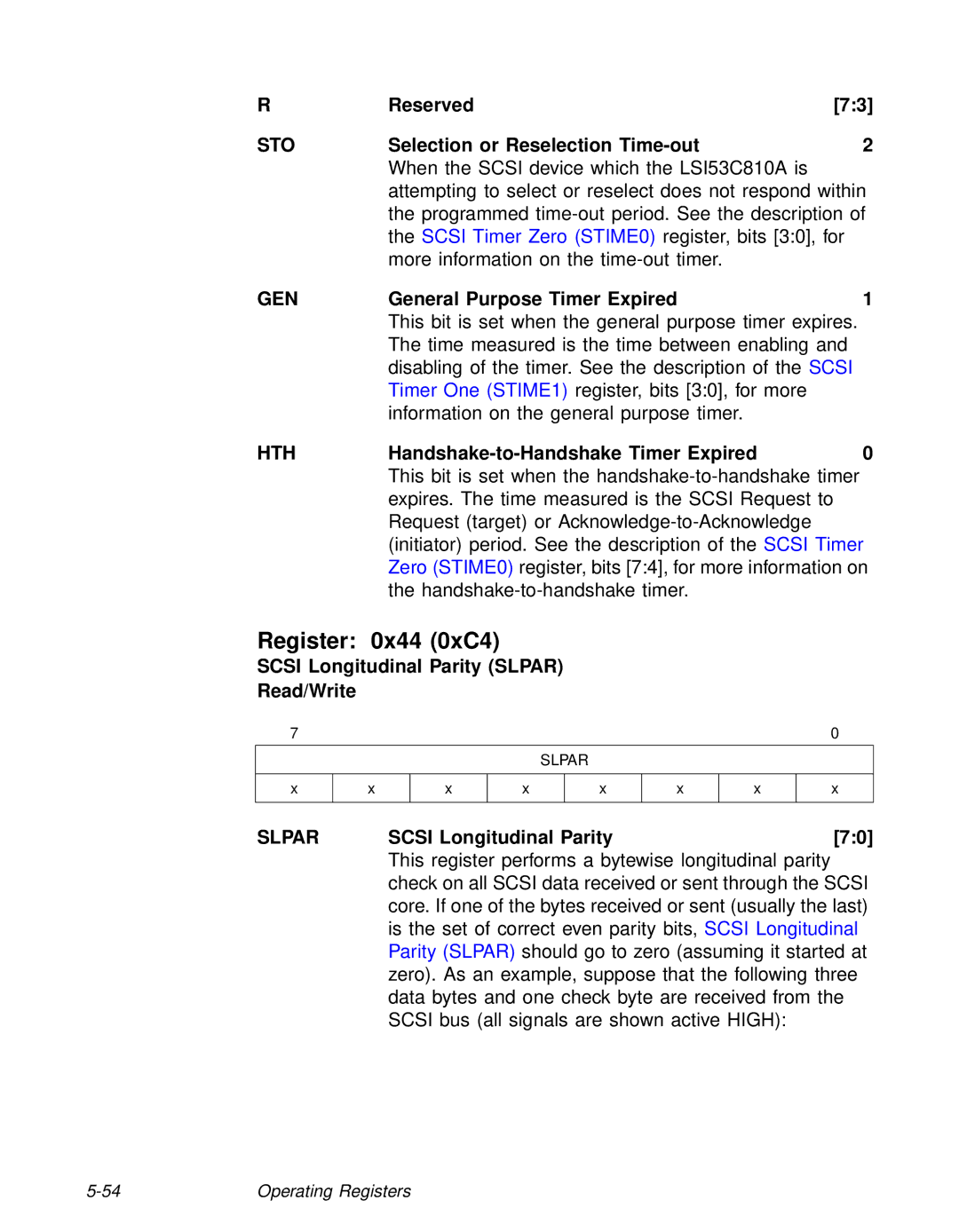 LSI 53C810A Register 0x44 0xC4, Handshake-to-Handshake Timer Expired, Scsi Longitudinal Parity Slpar Read/Write 