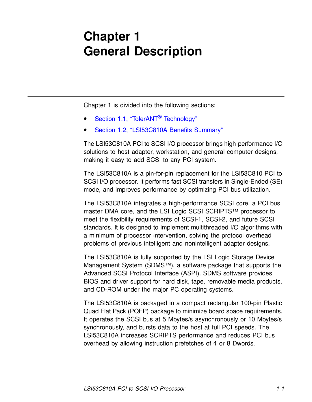 LSI 53C810A technical manual Chapter General Description 