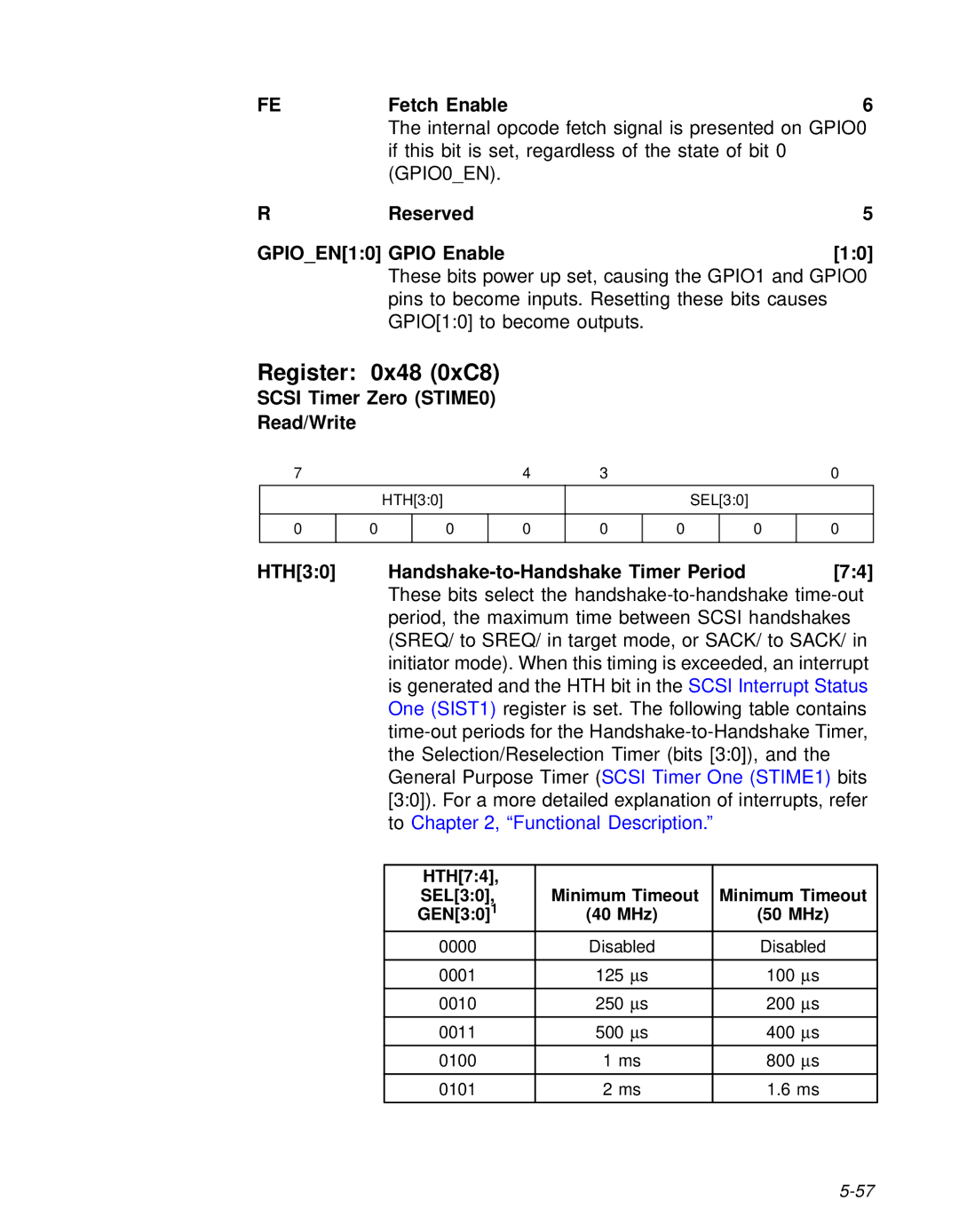 LSI 53C810A Register 0x48 0xC8, GPIO0EN, Scsi Timer Zero STIME0 Read/Write, HTH30 Handshake-to-Handshake Timer Period 