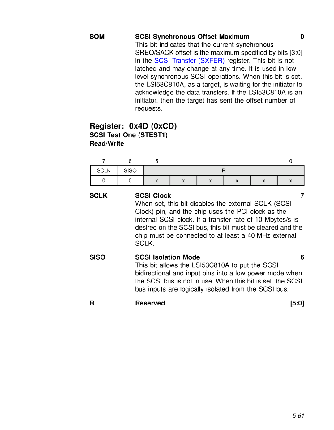 LSI 53C810A technical manual Register 0x4D 0xCD, Sclk, Siso 