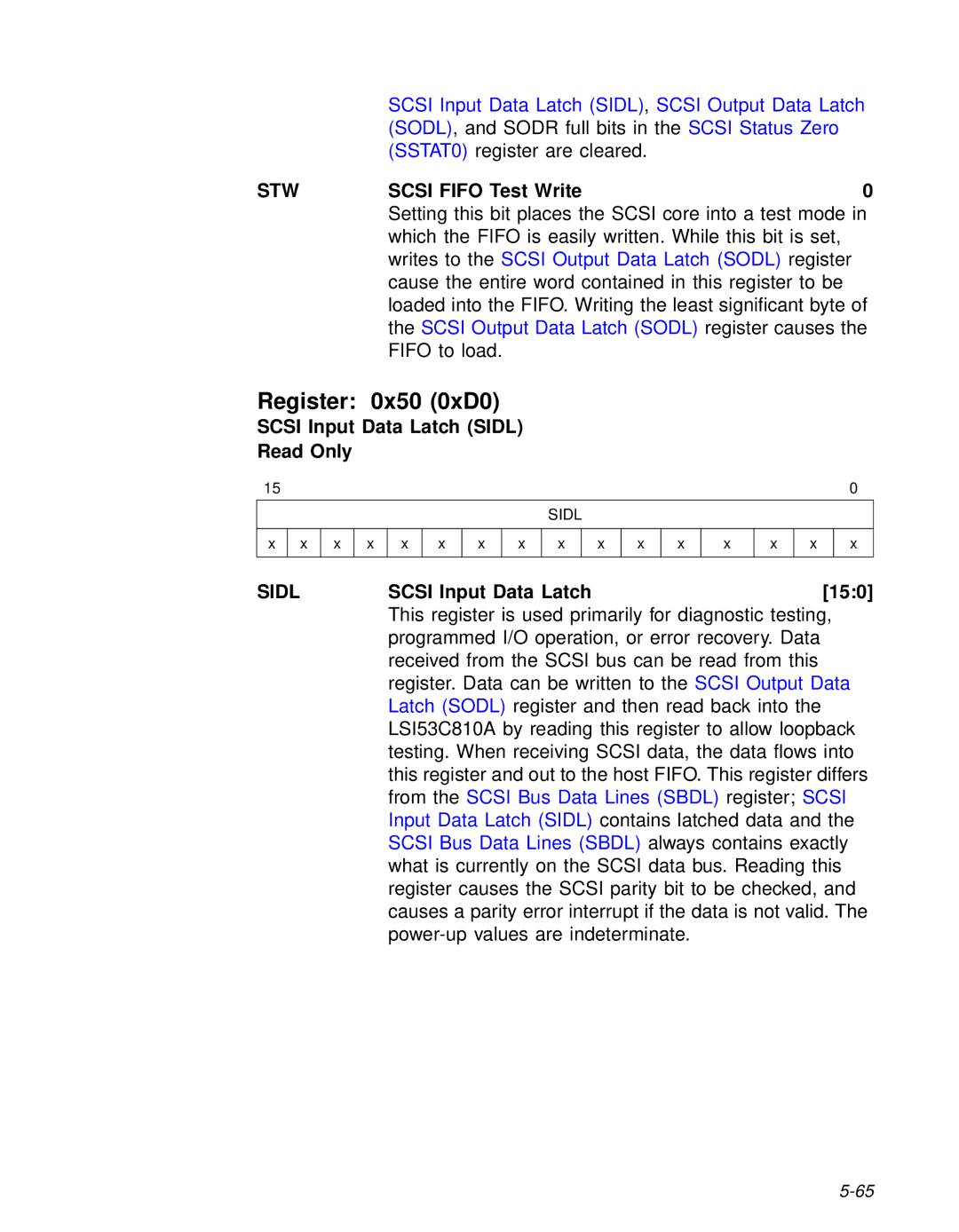 LSI 53C810A technical manual Register 0x50 0xD0, Stwscsi Fifo Test Write0, Scsi Input Data Latch Sidl Read Only 