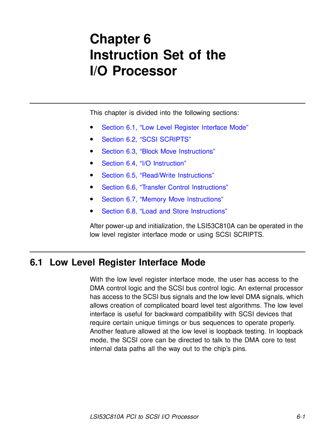 LSI 53C810A technical manual Chapter Instruction Set Processor, Low Level Register Interface Mode 