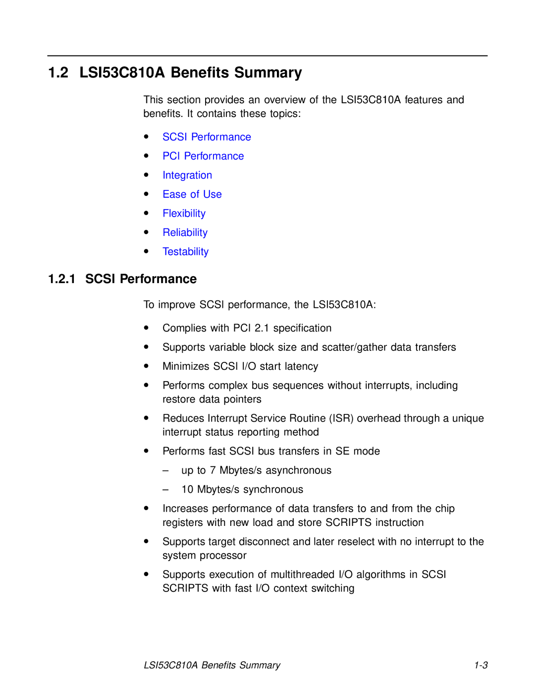 LSI technical manual LSI53C810A Beneﬁts Summary, Scsi Performance 