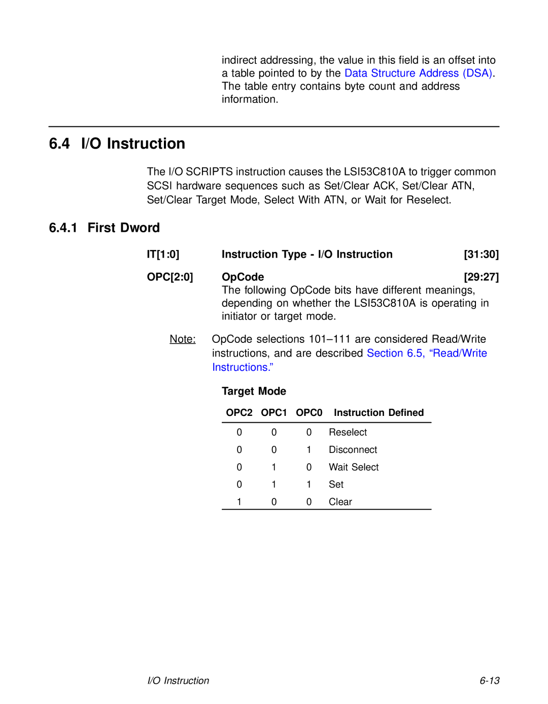 LSI 53C810A technical manual IT10 Instruction Type I/O Instruction 3130 OPC20 OpCode 2927 