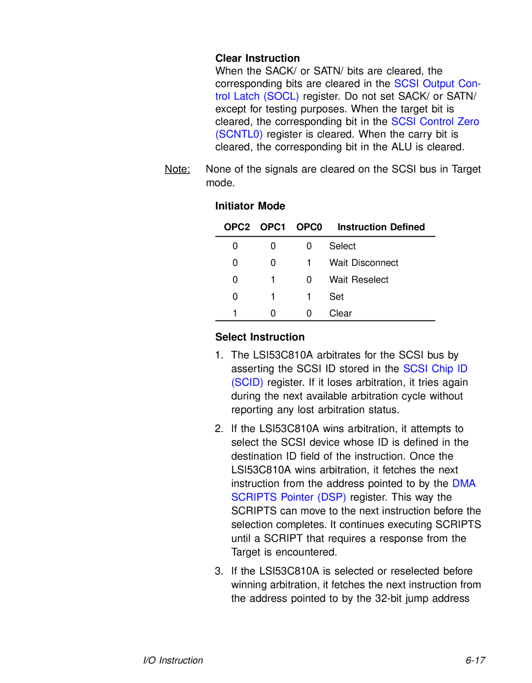 LSI 53C810A technical manual Clear Instruction, Select Instruction 