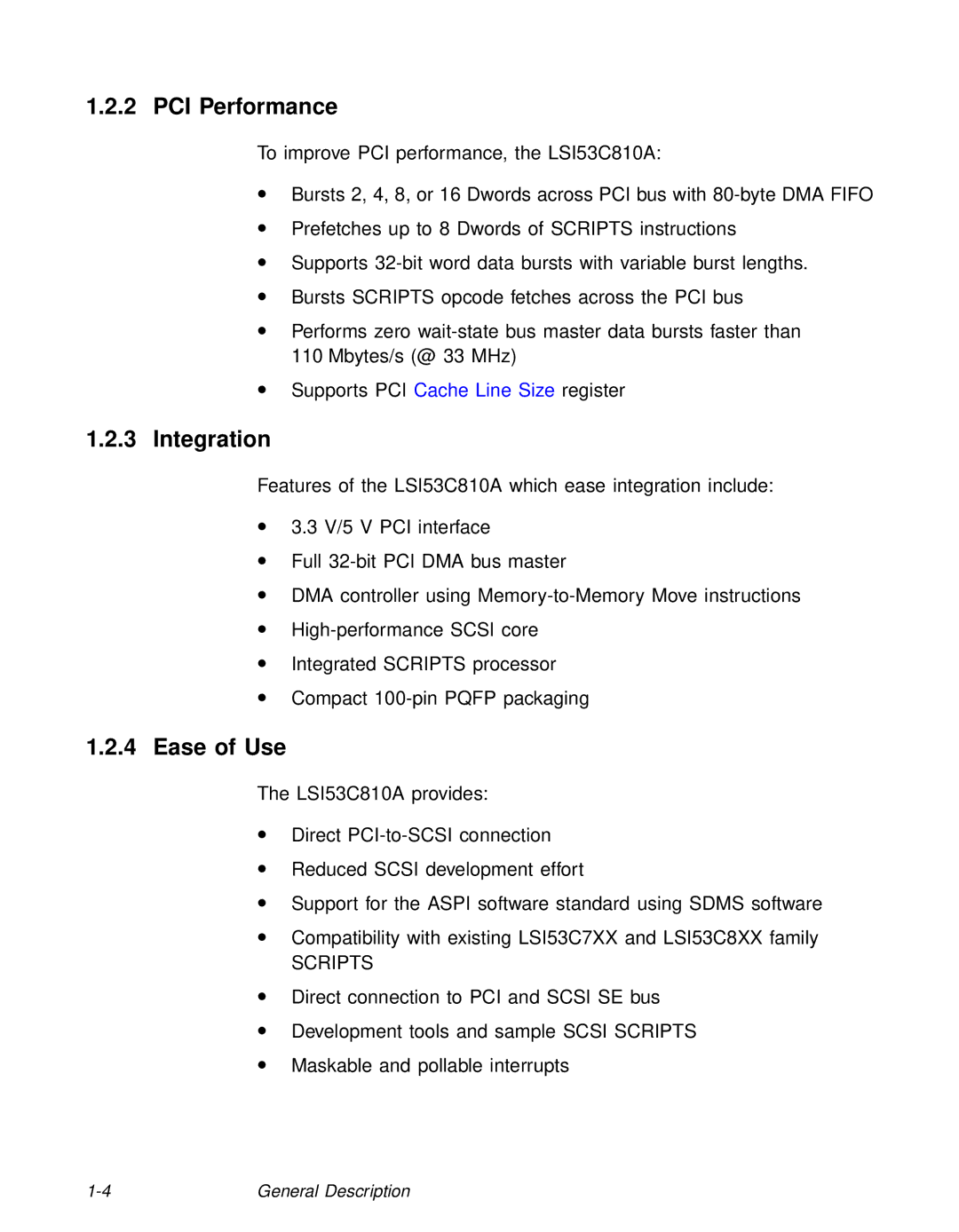 LSI 53C810A technical manual PCI Performance, Integration, Ease of Use 