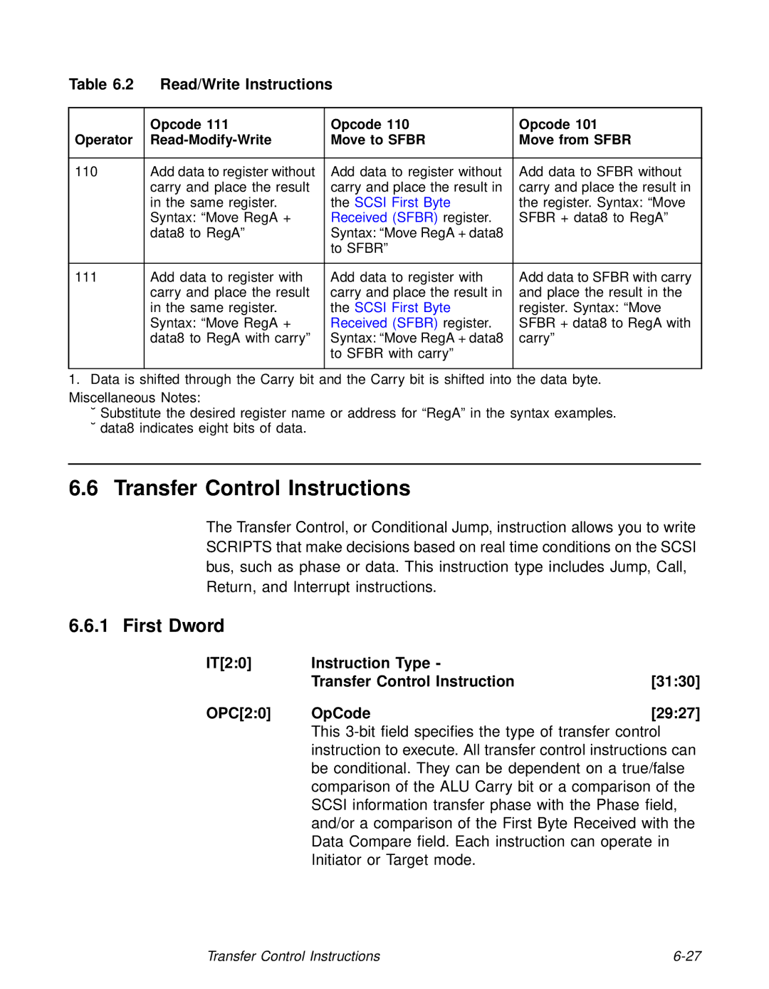 LSI 53C810A technical manual Transfer Control Instructions, First Dword 