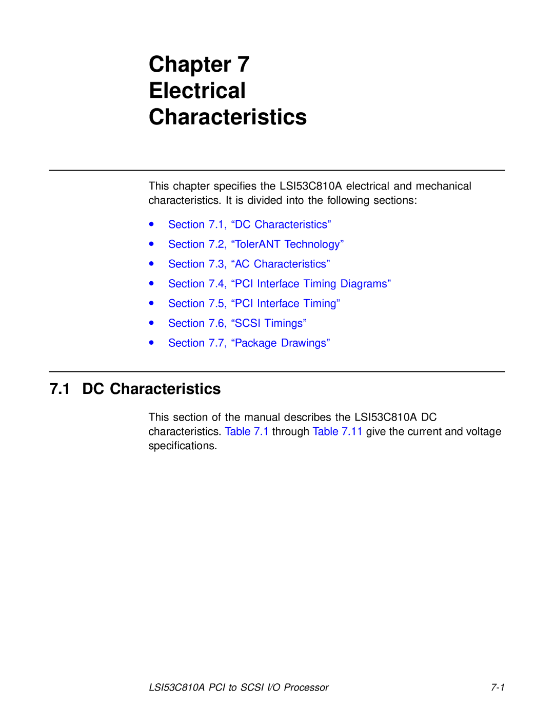 LSI 53C810A technical manual Chapter Electrical Characteristics, DC Characteristics 