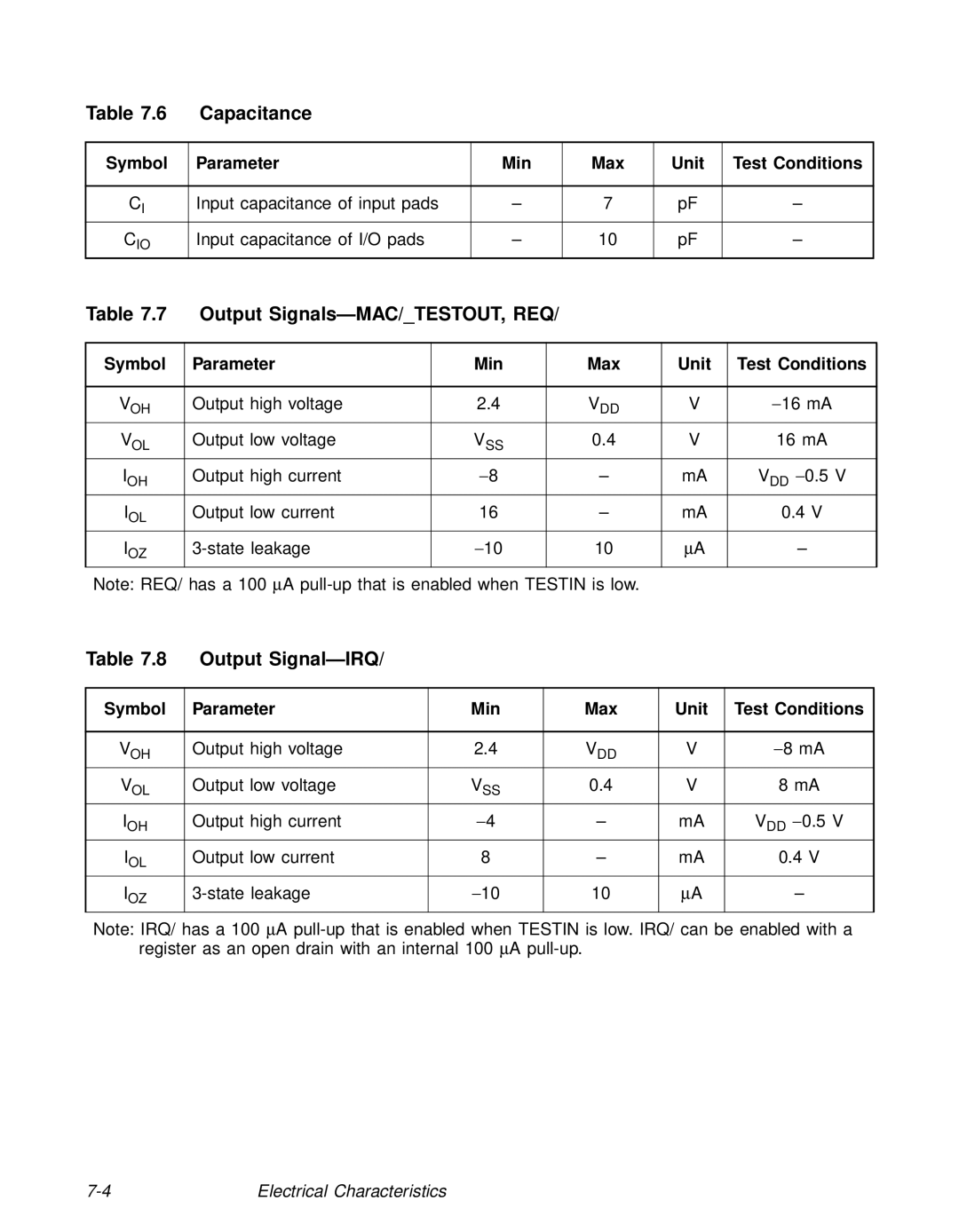 LSI 53C810A technical manual Capacitance, Output Signals-MAC/TESTOUT, REQ, Output Signal-IRQ 