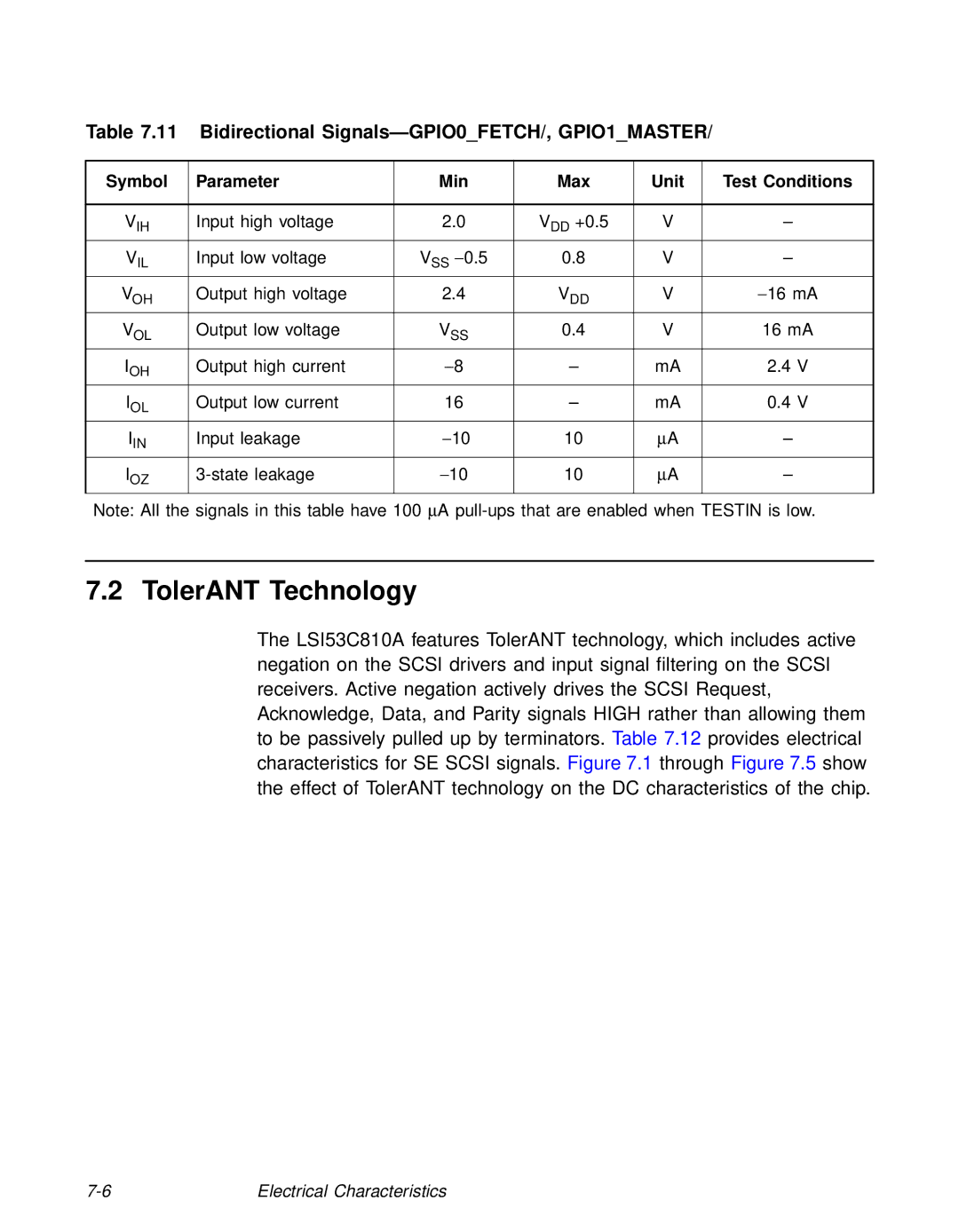 LSI 53C810A technical manual TolerANT Technology, Bidirectional Signals-GPIO0FETCH/, GPIO1MASTER 