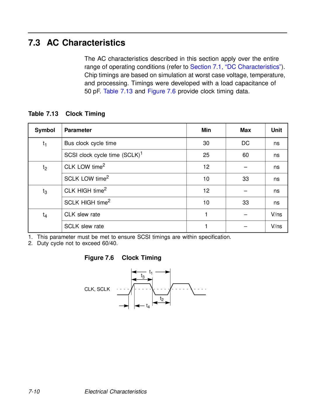 LSI 53C810A technical manual AC Characteristics, Clock Timing 