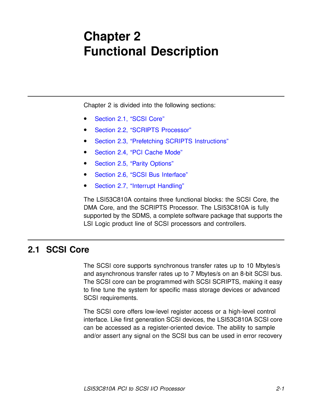 LSI 53C810A technical manual Chapter Functional Description, Scsi Core 