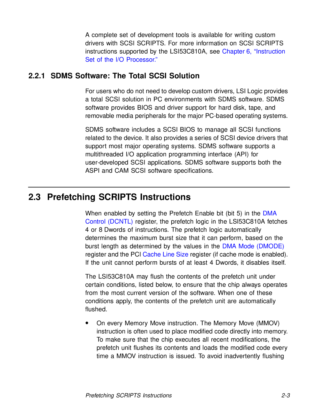 LSI 53C810A technical manual Prefetching Scripts Instructions, Sdms Software The Total Scsi Solution 