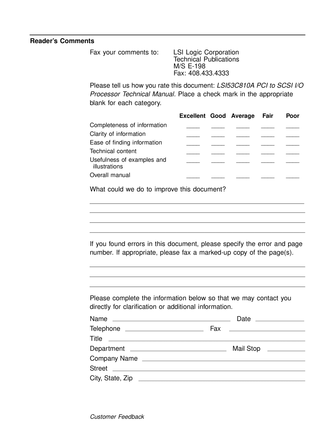 LSI 53C810A technical manual Reader’s Comments, Excellent Good Average Fair 