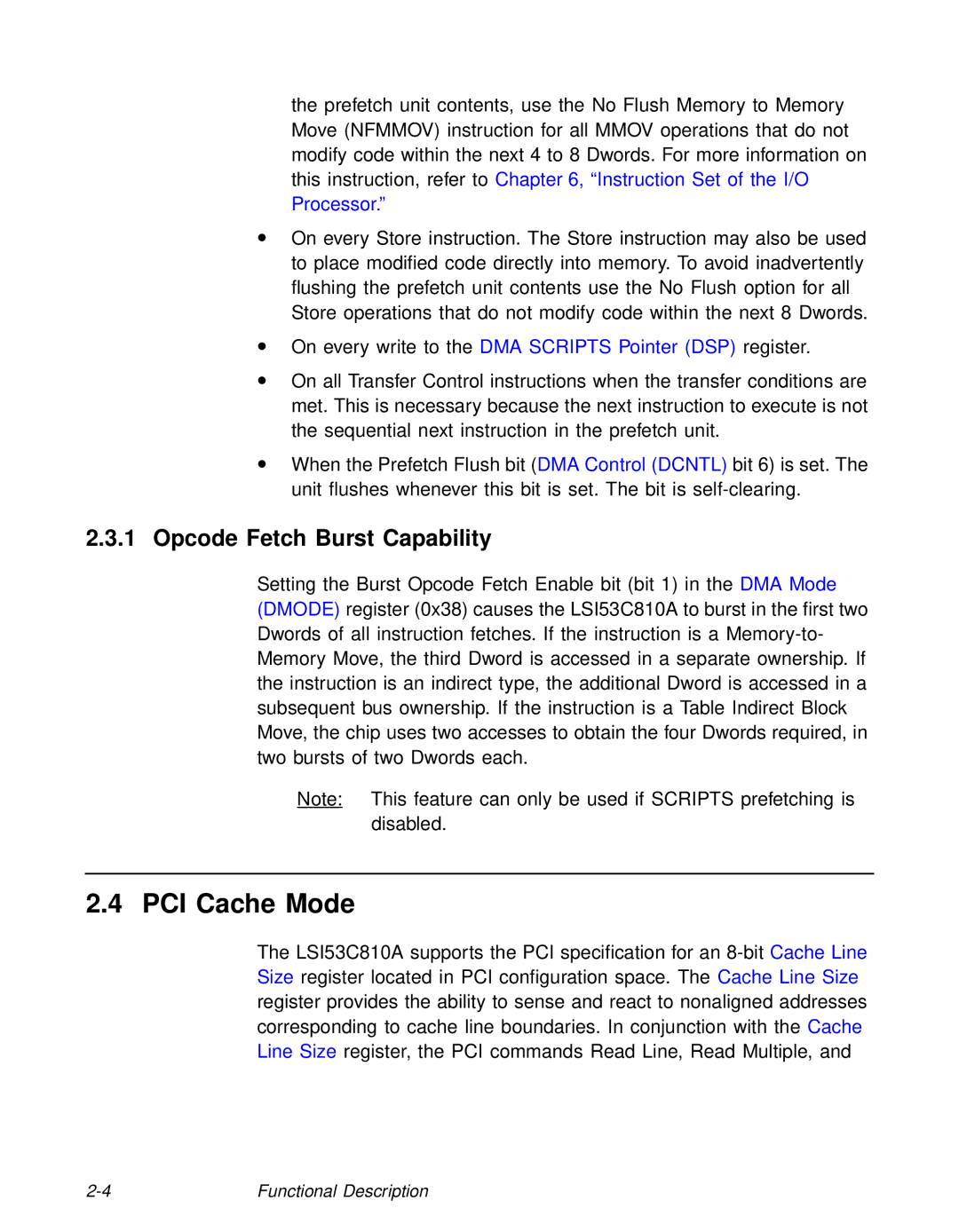 LSI 53C810A technical manual PCI Cache Mode, Opcode Fetch Burst Capability 