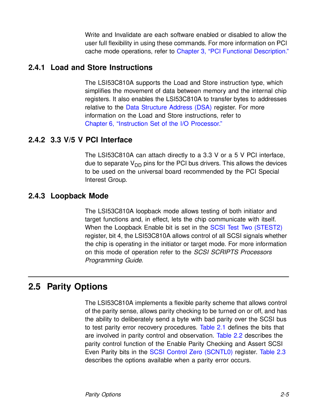 LSI 53C810A technical manual Parity Options, Load and Store Instructions, 2 3.3 V/5 V PCI Interface, Loopback Mode 