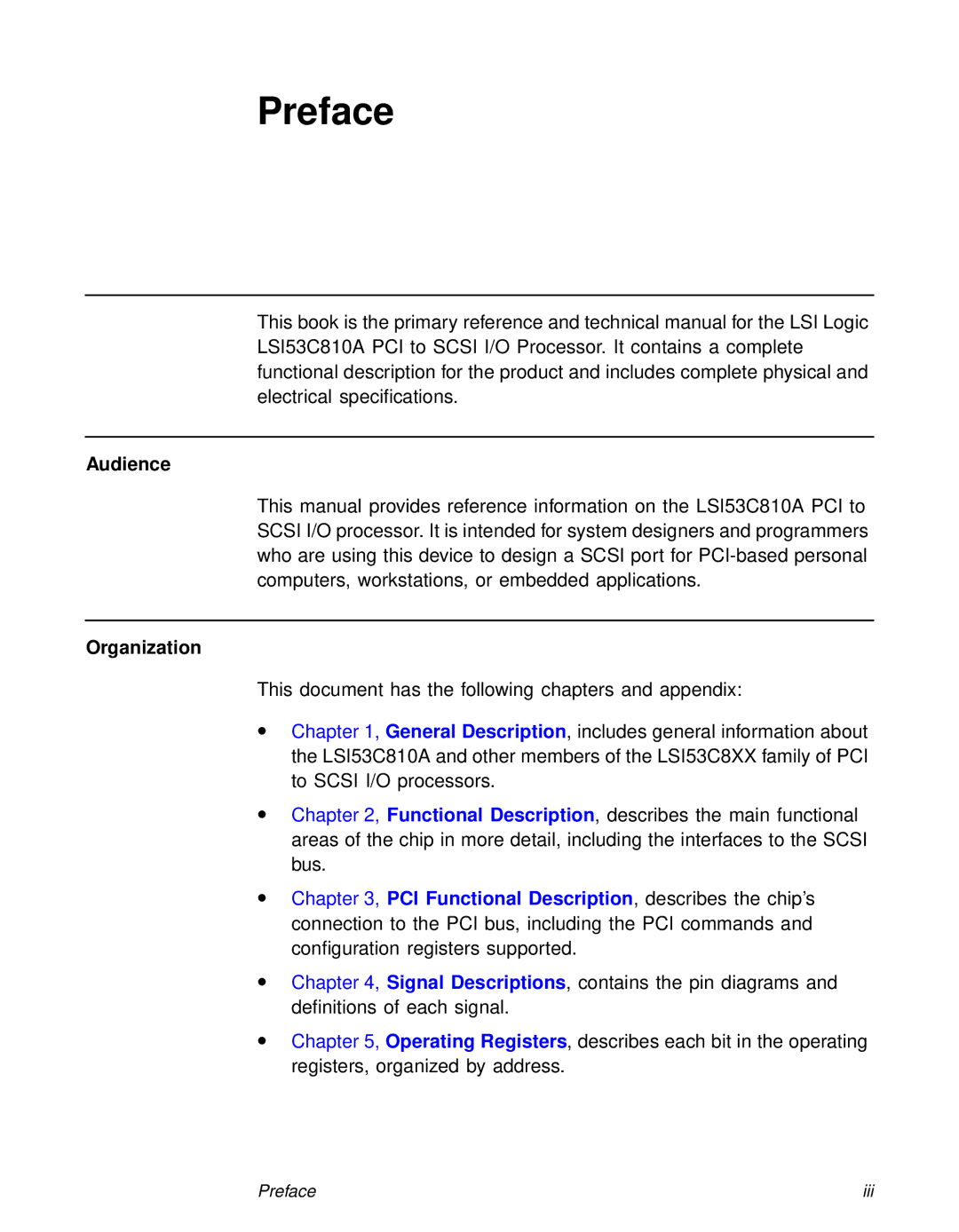 LSI 53C810A technical manual Audience, Organization 