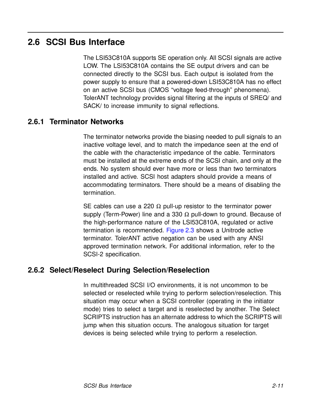 LSI 53C810A technical manual Scsi Bus Interface, Terminator Networks, Select/Reselect During Selection/Reselection 