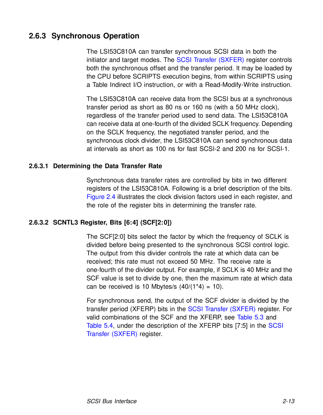 LSI 53C810A technical manual Synchronous Operation, Determining the Data Transfer Rate, SCNTL3 Register, Bits 64 SCF20 