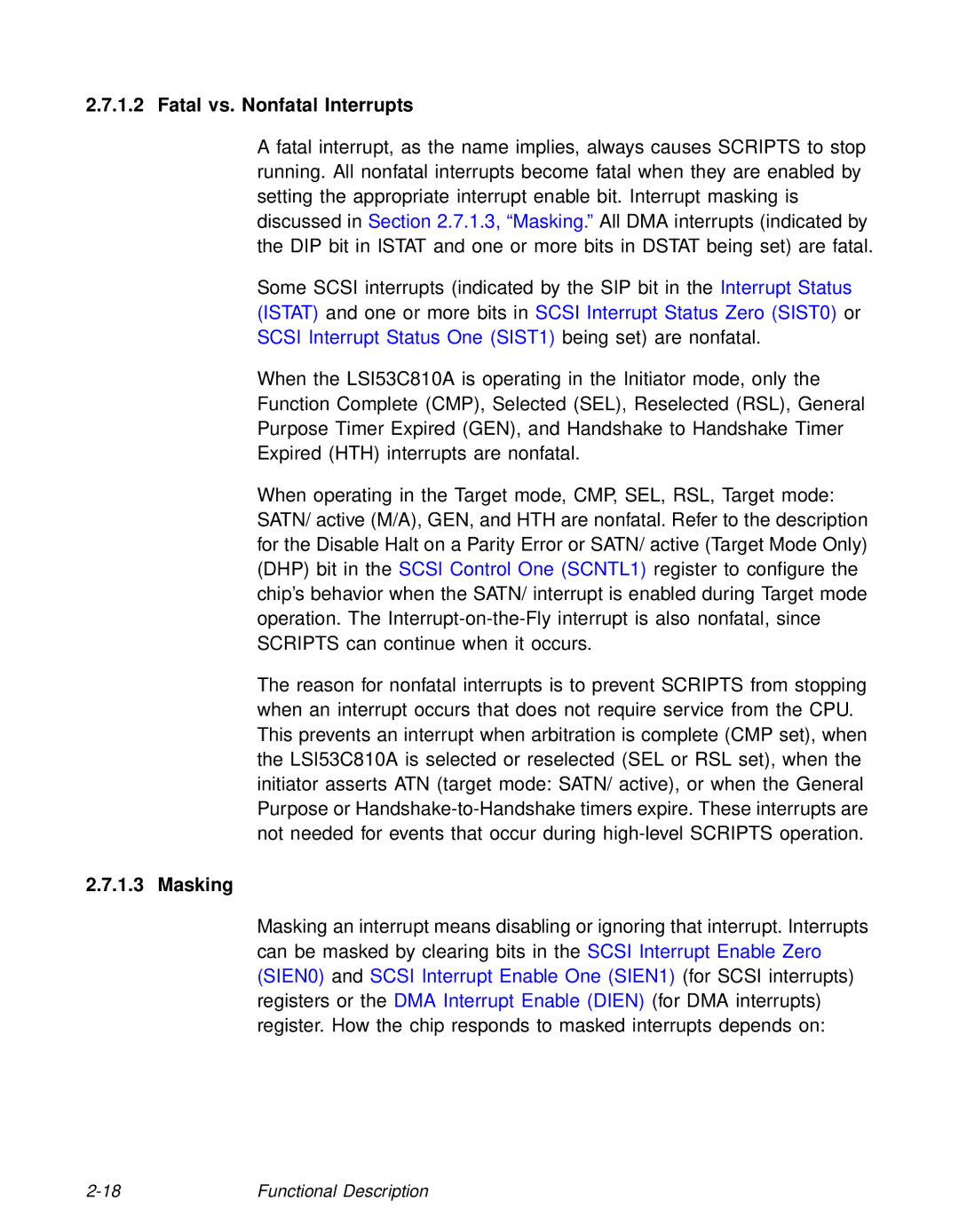 LSI 53C810A technical manual Fatal vs. Nonfatal Interrupts, Masking 