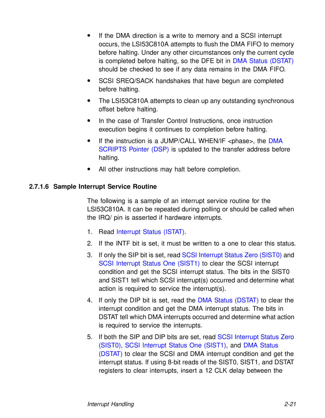 LSI 53C810A technical manual Sample Interrupt Service Routine, Read Interrupt Status Istat 